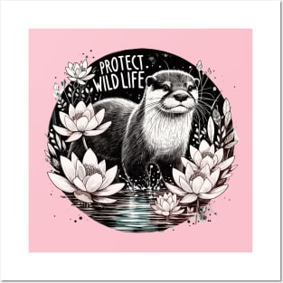 Protect Wildlife - Otter and water lilies Posters and Art